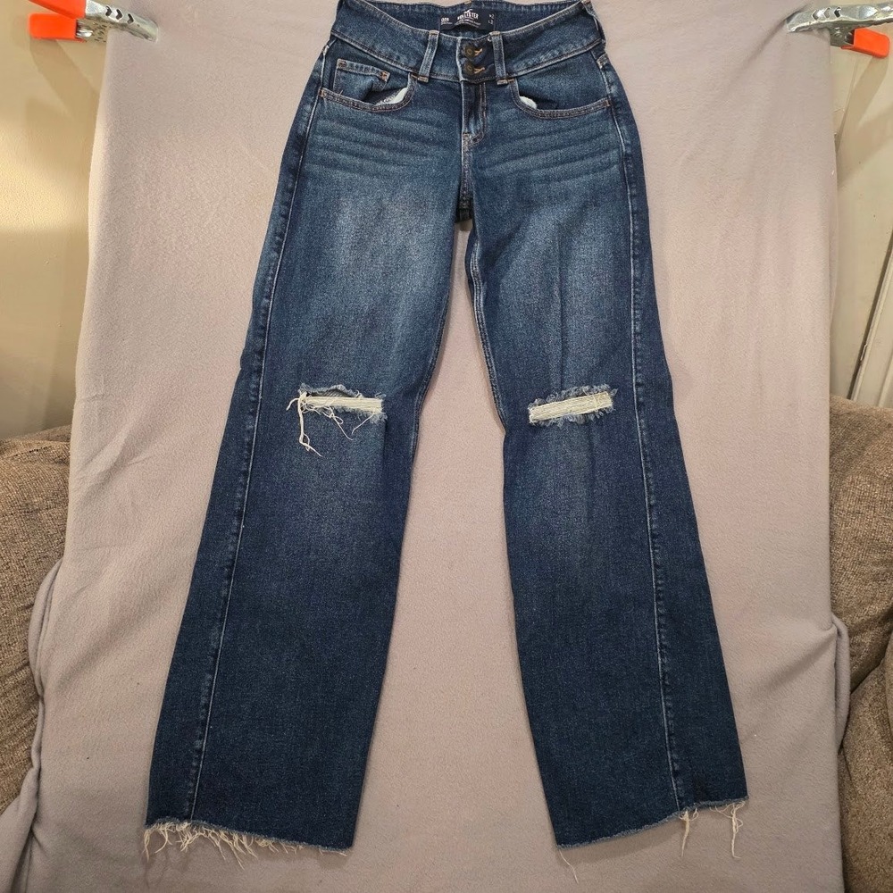 Hollister Low-Rise Vintage Baggy Jeans 00R W23 L32 Ripped Knee Raw Hem Dark Wash